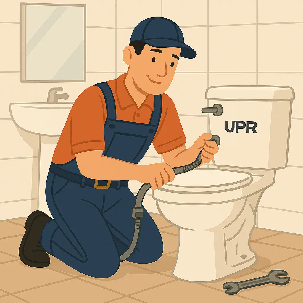 Plumber fixing toilet with tools in bathroom