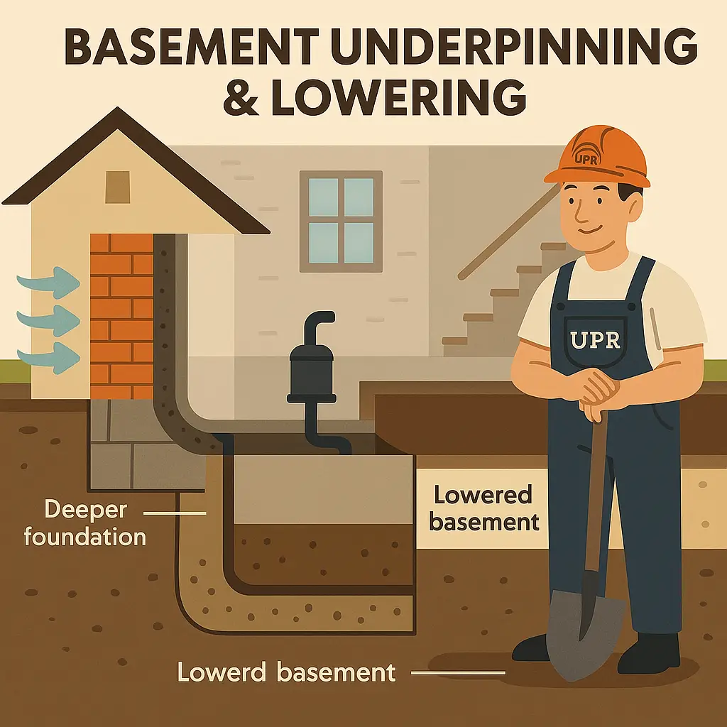 Diagram of basement underpinning and lowering process.