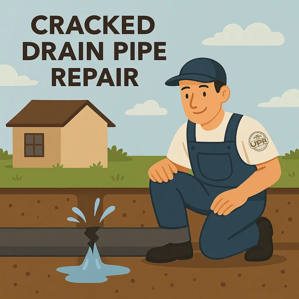 Illustration of plumber repairing cracked drain pipe