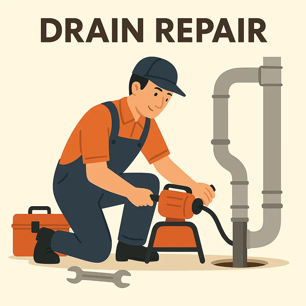 Illustration of plumber performing drain repair.