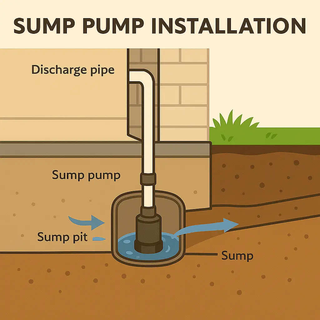 Diagram showing sump pump and discharge pipe installation.