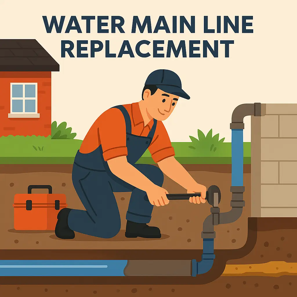 Person replacing water main pipe line.