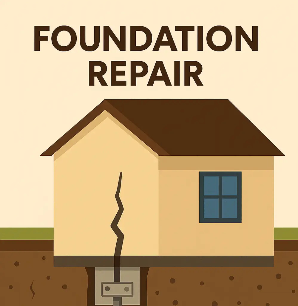 House with cracked foundation, undergoing repair.